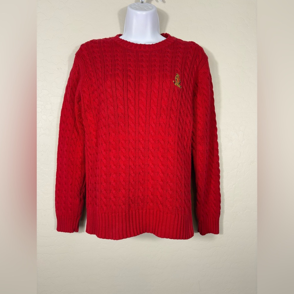 VTG Lauren Ralph Lauren Sweater Womens Cable Knit Crest Old Money‎ Y2K Preppy S